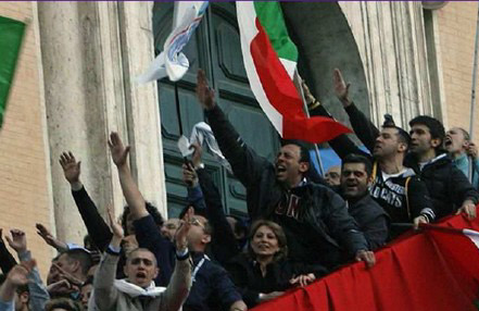 Supporters of Rome's Mayor, Gianni Alemanno greeting him on the steps of the Campidoglio