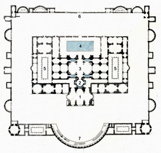 This floor-plan of the Baths created 1893-1901 by Rudolfo Lanciani shows the Calidarium(1), Tepidarium(2), Frigidarium(3), Natatio(4), Palaestrae (Gymnasiums)(5), Entrance(6) and Exedra(7)