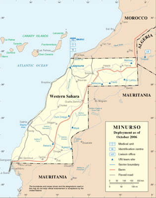 Map of the MINURSO misson with the “Moroccan Wall” evidenced in red. Image courtesy  Wikimedia Commons from the UN Department of Peacekeeping Operations Cartographic Section
