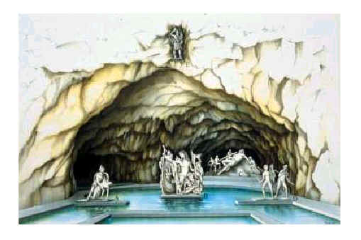 Hypothetical location of the various statuary groups inside the grotto according to Salza Prina Ricotti; A) Pasquino, B) Scylla, C) Polyphemus, D) Theft of the Palladium, E) Ganymede