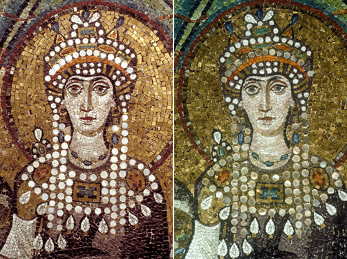 Head of Theodora before and after cleaning. This involved the removal of a layer of calcium carbonate which had re-crystallized on the surface of the mother of pearl. Photo Livia Alberti *