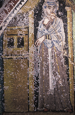 Sara in the scene of the sacrifice of Isaac. Adhesive paper used to indicate mobile tesserae: those with a red dot indicated falling tesserae, plain white showed those not completely adhered. Photo Livia Alberti *