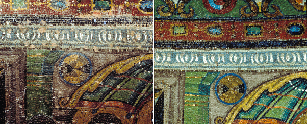 Right-hand panel in the apse showing the frame above the Empress Theodora – before and after cleaning with ammonium bicarbonate. Photo Livia Alberti *