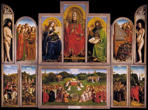 Van Eyck's Ghent altarpiece - The Adoration of the Mystic Lamb is the lower central panel