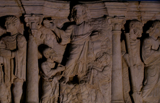 "Traditio Legis" - Christ hands the law to St Peter and St Paul. 4th Century sarcophagus. Vatican Museums.