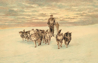 Sledging across the Adelie Land plateau - from a photo by Douglas Mawson.