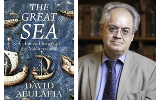 The author David Abulafia and the cover of "The Great Sea"