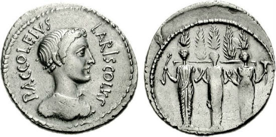 Denarius depicting Diana Nemorens; on reverse the triple (as Diana, the Moon Goddess and Hecate) cult statue of Diana Nemorensis supporting a beam holding five cypress trees