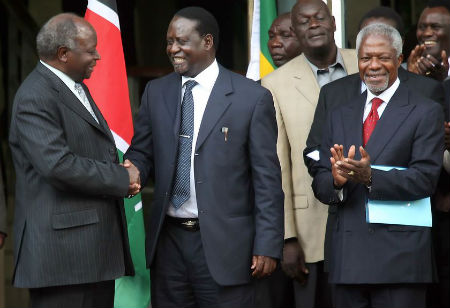 Brokering a deal. Raila Odinga (centre) with Mwai Kibaki (left) and Kofi Annan (right)