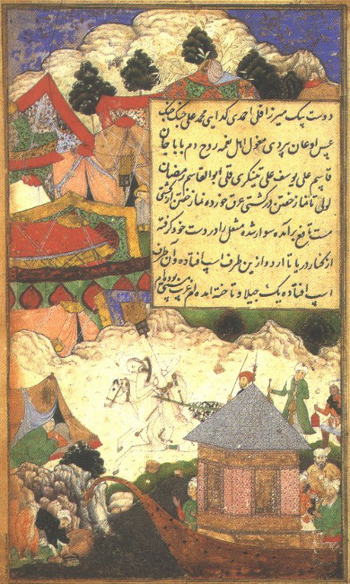 A drunken emperor Babur (1483-1530) returns to camp at night. Wikimedia Commons/Painters of Babur. Public domain.