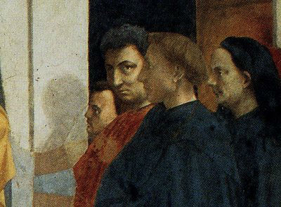 Detail from fresco in Brancacci Chapel 1425-28 thought to be right-to-left, architect and sculptor Filippo Brunelleschi, artist and teacher Leon Battista Alberti, Masaccio and Masolino