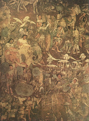 A section of the mural at Ajanta in Cave No 17,depicts the 'coming of Sinhala'.The prince (Prince Vijaya) is seen in both of groups of elephants and riders