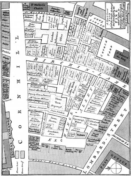 Exchange Alley after it was razed to the ground in 1748, showing the sites of some of London’s most famous coffeehouses including Garraway’s and Jonathan’s 