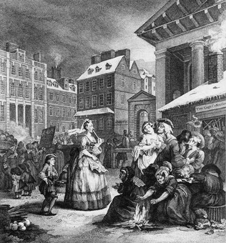 Hogarth’s depiction of Moll and Tom King’s coffee-shack from The Four Times of Day (1736). Though it is early morning, the night has only just begun for the drunken rakes and prostitutes spilling out of the coffeehouse 