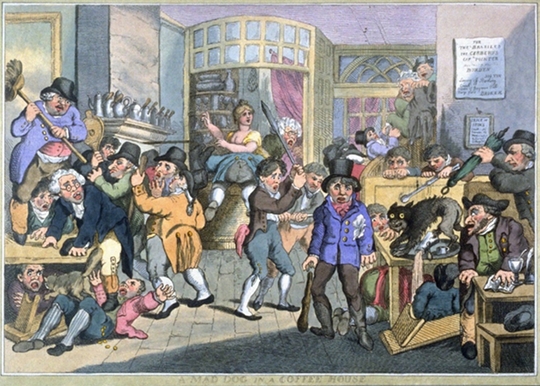 A Mad Dog in a Coffeehouse by the English caricaturist Thomas Rowlandson, c. 1800. Note the reference to Cerberus on the notice on the wall and the absence of long communal tables by the later 18th century 