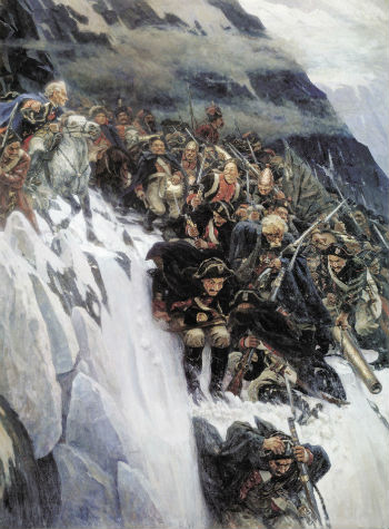 Russian troops under Generalissimo Suvorov crossing the Alps in 1799. Painting by Vasily Surikov In 1774, Suvorov participated in suppressing Pugachev Cossack rebellion and personally accompanied Pugachev on his way to Moscow