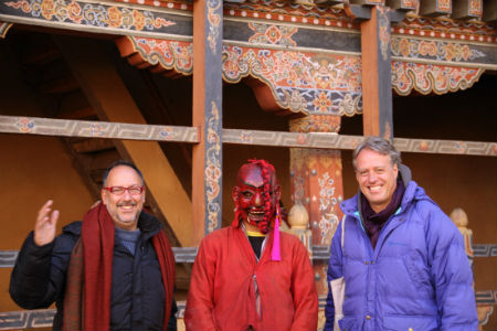 Stefano Vizioli - stage director and Aaron Carpene - conductor with Bhutanese friend