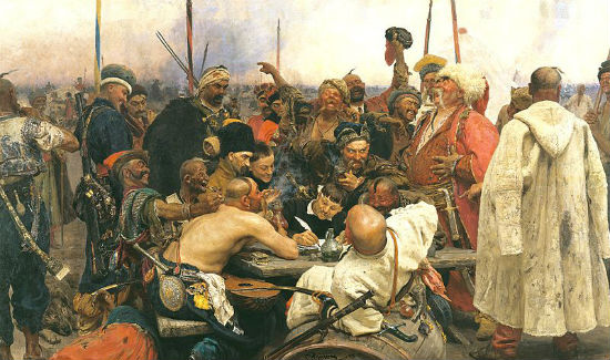 Reply of the Zaporozhian Cossacks to Sultan Mehmed IV of the Ottoman Empire, a painting by Russian artist Ilya Repin. The 2.03 m (6.66 ft) by 3.58 m (11.74 ft) canvas was started in 1880 and finished in 1891. Repin recorded the years of work along the lower edge of the canvas. Russian Tsar Alexander III bought the painting for 35,000 rubles, at the time the greatest sum ever paid for a Russian painting