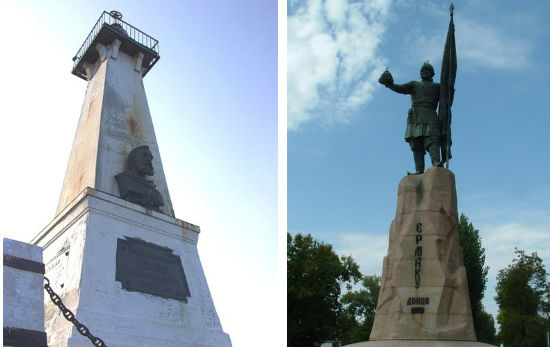 Pictures 1-2 Monuments to Cossacks are plentiful across Russia, signifying their historical contribution to the country’s might. Left: a monument/lighthouse to Semyon Dezhnev (1956) at Cape Dezhnev, the Bering Straight, the eastmost point of Eurasia reached by Dezhnev in 1648; right: a monument to Yermak in Novocherkassk (1904)