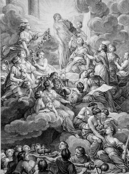 Detail from the frontispiece of the Encyclopédie (1772) drawn by Charles-Nicolas Cochin and engraved by Bonaventure-Louis Prévost. The work is laden with symbolism, the figure in the centre representing truth, surrounded by bright light (the central symbol of the Enlightenment). Two other figures on the right, reason and philosophy, are tearing the veil from truth.