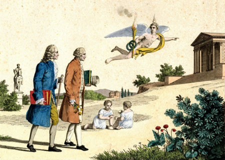 Voltaire and Rousseau taking a walk toward their immortalisation in the French canon in a drawing entitled “Aux Grands Hommes la Patrie Reconnaissante”