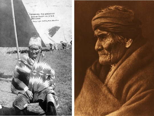 Left: Photo taken by WH Martin of Geronimo as a US prisoner in 1905 (Source: American Memory from the Library of Congress). Right: Photo by Edward S. Curtis of Geronimo at Carlisle, Pennsylvania, in 1905, the day before the inauguration of President Roosevelt, and the inaugural parade of which Geronimo was to take part (Source: Northwestern University Library, The North American Indian: the Photographic Images, 2001)