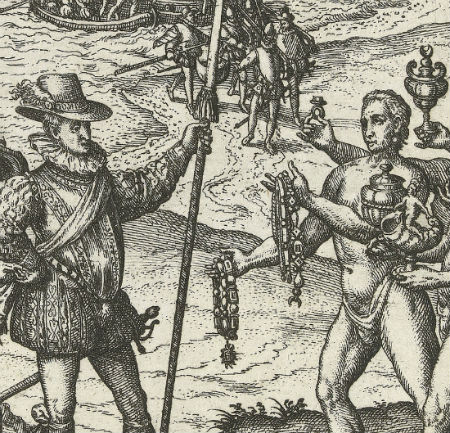 Detail from an engraving by Theodore de Bry, from 1592, which formed part of his “America-series”, showing Christopher Columbus landing on the Caribbean island of Hispaniola in 1492