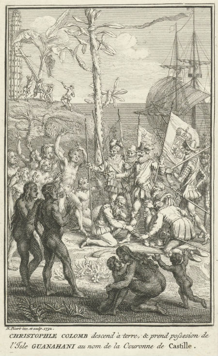 Bernard Picart’s depiction of Columbus’ landing as featured in his Ceremonies et Coutumes Religieuses de Tous les Peuples du Monde, 1732 Source