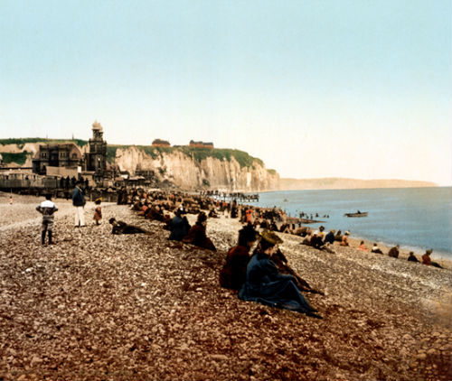 Autochrom photograph of holiday makers relaxing on the beach at Dieppe, ca. 1895