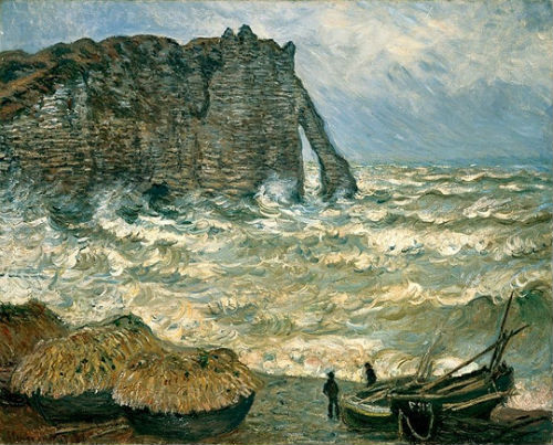 Agitated Sea at Etretat, by Claude Monet from 1883, depicting the famous rocky archway through which Swinburne was swept out to sea in 1868.