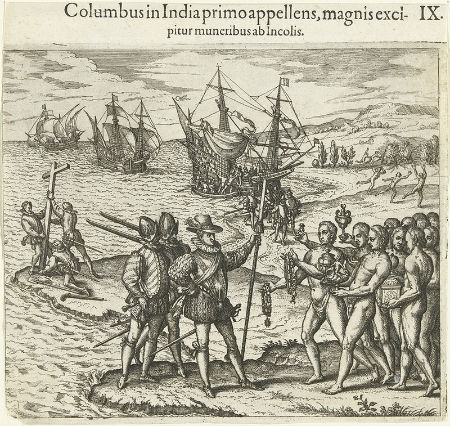 The engraving by Theodore de Bry, from 1592, which formed part of his “America-series”, showing Christopher Columbus landing on the Caribbean island of Hispaniola in 1492 - See more at: http://publicdomainreview.org/2014/04/16/1592-coining-columbus/#sthash.y98V37QX.dpuf<a href="https://www.rijksmuseum.nl/nl/collectie/RP-P-BI-5278" target="_blank">Source</a>