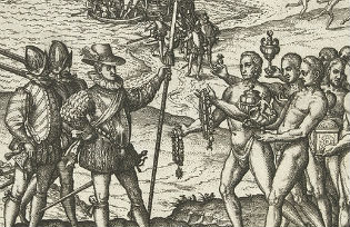 Detail of engraving by Theodore de Bry, from 1592, which formed part of his “America-series”, showing Christopher Columbus landing on the Caribbean island of Hispaniola in 1492 
