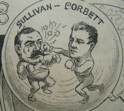 Caricature of the Sullivan-Corbett prizefight in “The Mascot” newspaper, 1892