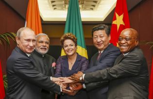 The leaders of Russia, India, Brazil, China and South Africa celebrating the founding of the AIIB