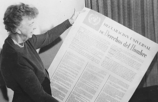 Eleanor Roosevelt with the Spanish text of the Universal Declaration in 1949. Wikipedia