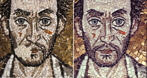 Head of Maximianus in the Justinian panel partially and fully restored. Photo Livia Alberti * Head of Maximianus in the Justinian panel partially and fully restored. Photo Livia Alberti *