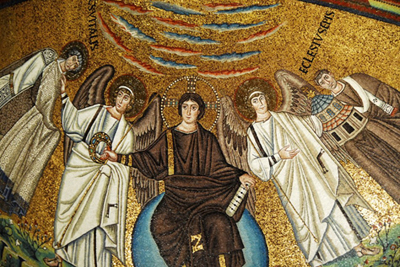 Christ enthroned flanked by Bishop Ecclesius and St Vitalis on the vault of the apse Christ enthroned flanked by Bishop Ecclesius and St Vitalis on the vault of the apse