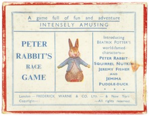‘Peter Rabbit’s Race Game’ showing the top of the lid, made by Frederick Warne & Co Ltd., c.1930, from the Victoria and Albert Museum – Source (NB: digital copy not openly licensed).