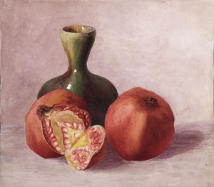 A still life of a vase and pomegranates, painted by Potter in 1881 when she was 15 years old, from the Victoria And Albert Museum – Source (NB: digital copy not openly licensed).