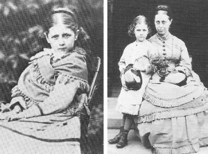 Left: Beatrix in about 1874, aged 7 or 8 – Source. Right: Beatrix, aged 9 or 10, and her mother Helen in a photograph taken by Beatrix’s father Rupert in 1876 – Source.
