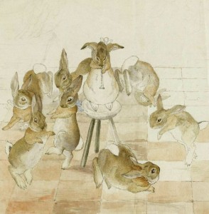A rare unfinished version of a scene depicting rabbits dancing at a christmas party, one of a series of six that Potter created in 1892, a year before her letter to Noel mentioning the characters of “Flopsy, Mopsy, Cottontail – and Peter” – Source.