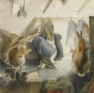 Last watercolour from the rabbit’s christmas party series, depicting the rabbits’ departure – Source.