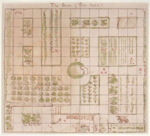 Early design for ‘The Game of Peter Rabbit’, December 1904, from the Victoria and Albert Museum – Source (NB: digital copy not openly licensed).