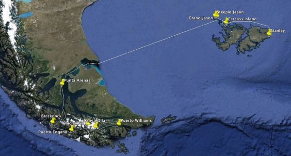 Our route from Port Stanley to Puerto Williams.